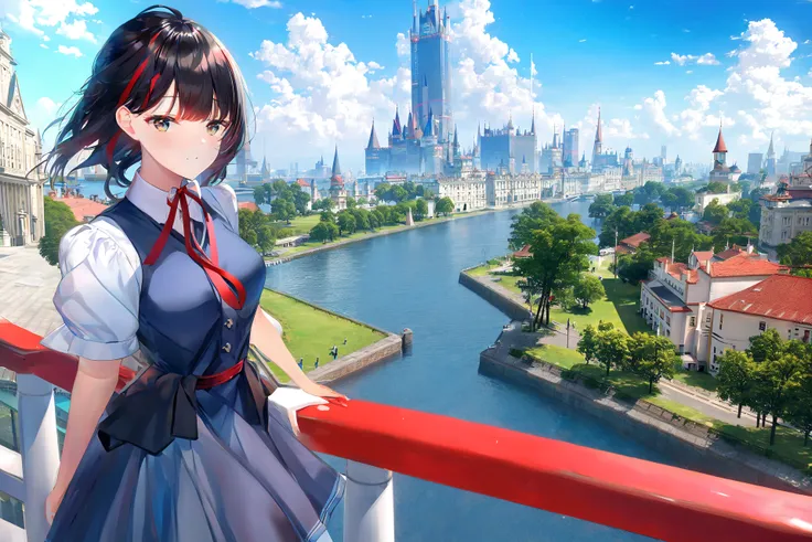 1girl,bangs,black_hair,blue_sky,bridge,building,castle,city,cityscape,cloud,day,dress,looking_at_viewer,outdoors,red_neckwear,red_ribbon,ribbon,river,short_hair,short_sleeves,sky,skyscraper,solo,standing,town,water,(masterpiece,anime,newest,new,exceptional:1.2),