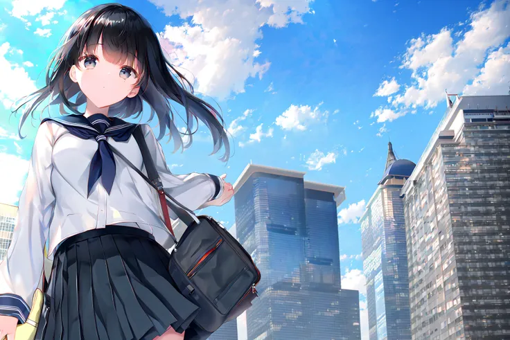 1girl holding school bag, from below, solo, school uniform, serafuku, sky, cloud, black hair, looking at viewer, building, neckerchief, long sleeves, cloudy sky, shirt, pleated skirt, city, black sailor collar, closed mouth, black skirt, medium hair, buildings,,(masterpiece,anime,newest,new,exceptional:1.2),