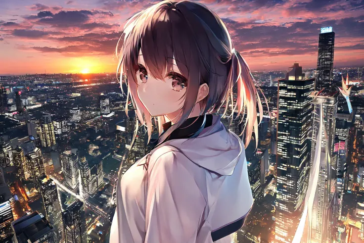 1girl,upper body,panorama overlooking from above ,sunset,sky,city,(masterpiece,anime,newest,new,exceptional:1.2),