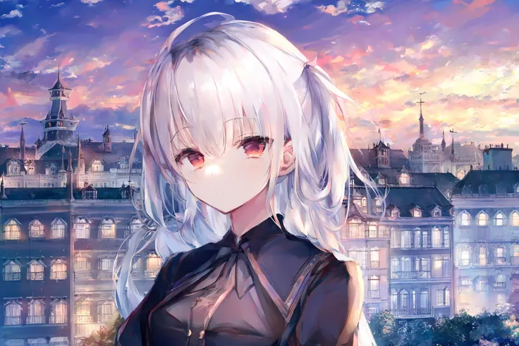 1girl,upper body,white hair, dusk, clouds, town,(masterpiece,anime,newest,new,exceptional:1.2),