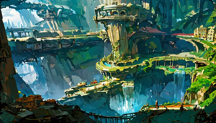 kasukanrasty, masterpiece, a wide angle of a sprawling sci-fi metropolis built around a giant abyss hole in the middle of the ground, waterfalls on the outside of the city, intricate image