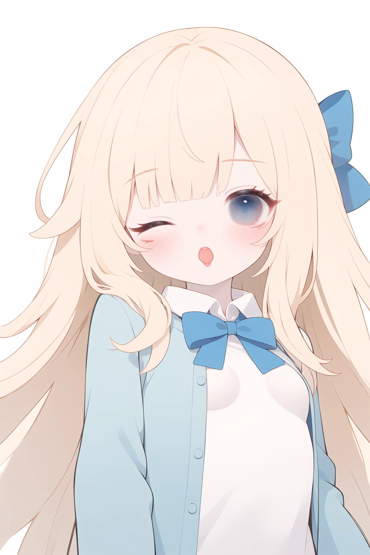 (masterpiece),(highest quality),highres,from below,hands support body,
1girl, solo, long hair, one eye closed, blonde hair, shirt, open mouth, white shirt, looking at viewer, blue eyes, long sleeves, blue bow, bow, hair bow, bangs, open shirt, small breasts, open clothes, breasts, very long hair, white background, ;o, collared shirt, tongue, teeth, blush, simple background, upper teeth only, waking up,
<lora:blurry pvc_v1.1:1> <lora:[ç»è]add_detail:-0.4> <lora:clearloli_v1.1_lbw:0.55><lora:[ç»é£-æ æª¬å³å¿]Lemon Summer:0.6> <lora:éç¬ç»Greyscale-000012:0.15>