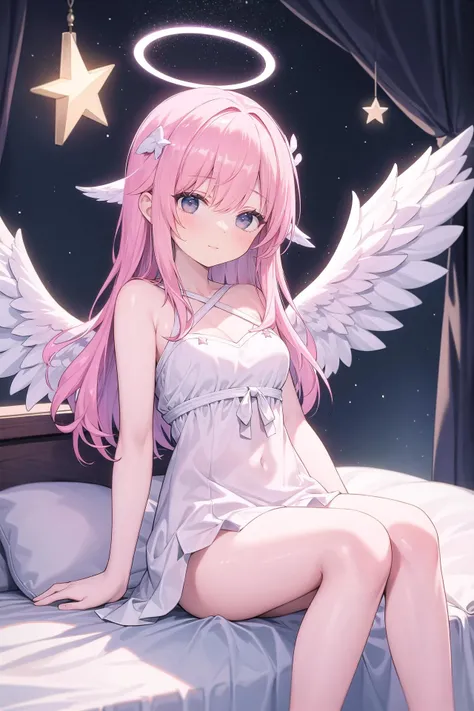 ((masterpiece, best quality)), a girl with pink hair and angel wings sitting on a bed with a star above her head and a halo above her head