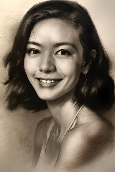 best quality, masterpiece, (realism: 1.3), 20 years old female, 1 girl, female focus, black hair, (natural skin texture, surreal, sharp), solo, (upper body: 1.2), smiling, bare shoulders , long hair, sketch, line, pencil drawing, traditional media, graphite (medium), simple background, White background, <lora:sketch-pencil:1>