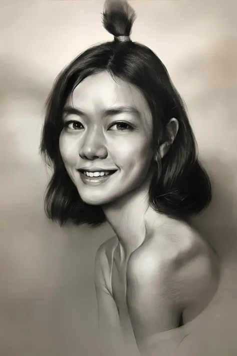 best quality, masterpiece, (realism: 1.3), 20 years old female, 1 girl, female focus, black hair, (natural skin texture, surreal, sharp), solo, (upper body: 1.2), smiling, bare shoulders , long hair, sketch, line, pencil drawing, traditional media, graphite (medium), simple background, White background, <lora:sketch-pencil:1>