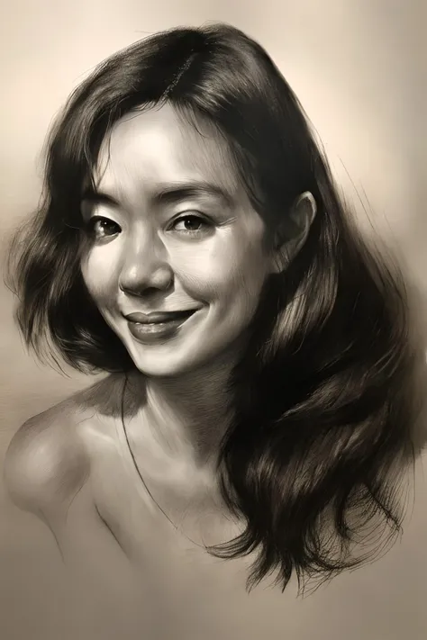 best quality, masterpiece, (realism: 1.3), 20 years old female, 1 girl, female focus, black hair, (natural skin texture, surreal, sharp), solo, (upper body: 1.2), smiling, bare shoulders , long hair, sketch, line, pencil drawing, traditional media, graphite (medium), simple background, White background, <lora:sketch-pencil:1>