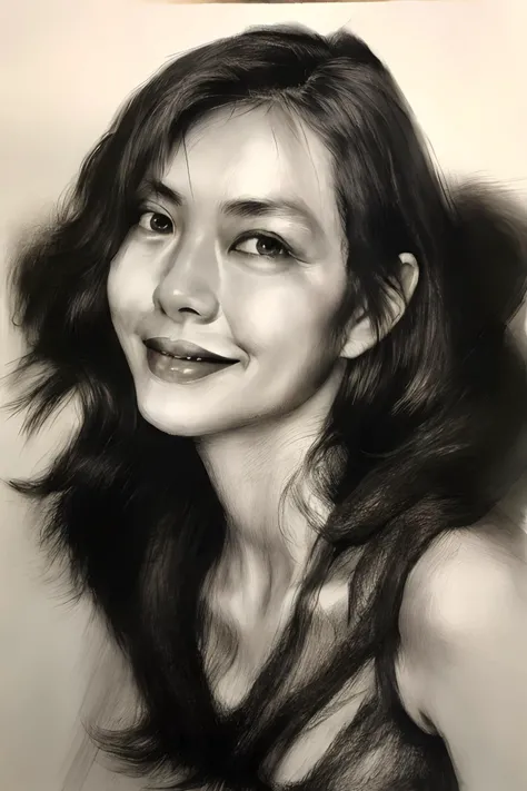 best quality, masterpiece, (realism: 1.3), 20 years old female, 1 girl, female focus, black hair, (natural skin texture, surreal, sharp), solo, (upper body: 1.2), smiling, bare shoulders , long hair, sketch, line, pencil drawing, traditional media, graphite (medium), simple background, White background, <lora:sketch-pencil:1>