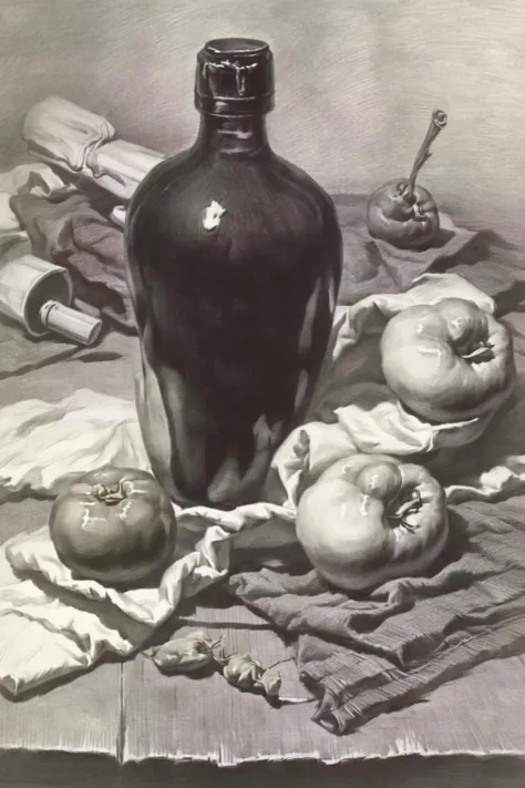 Best Quality, Masterpiece, (Reality: 1.3), Still Life, Table, Cloth, (Clay Pot: 0.6), (Apple: 0.6), (Pear: 0.6), (Tomato: 0.6), (Pepper: 0.6), 1 mineral water bottle, sketch, line, pencil drawing, traditional media, graphite (medium), simple background, white background,, <lora:sketch-pencil:1>