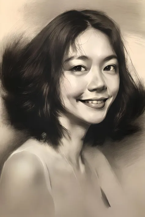 Best Quality, Masterpiece, (Reality: 1.3), 20 Years Old Female, 1 Girl, Female Focus, Black Hair, (Natural Textures, Surreal, Sharp), Solo, (Upper Body: 1.2), Smiling, Long Hair, Sketch , line, pencil drawing, traditional media, graphite (medium), simple background, white background, <lora:sketch-pencil:0.9>