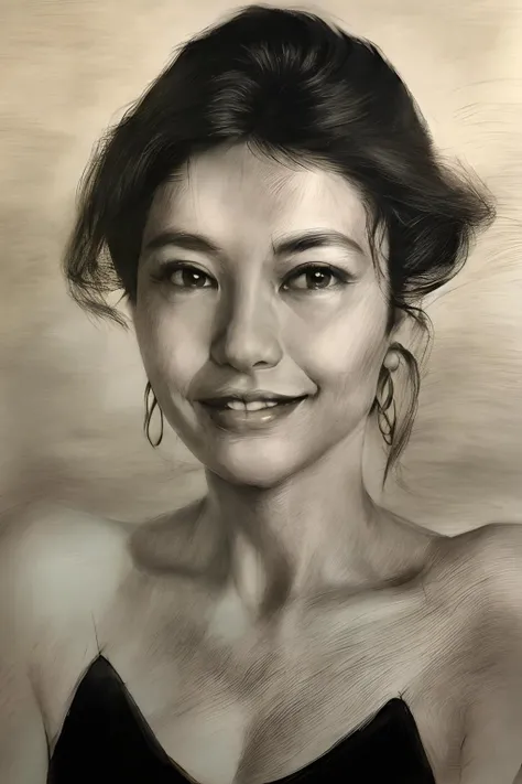 best quality, masterpiece, (realism: 1.3), 20 years old female, 1 girl, female focus, black hair, (natural skin texture, surreal, sharp), solo, (upper body: 1.2), smiling, bare shoulders , long hair, sketch, line, pencil drawing, traditional media, graphite (medium), simple background, White background, <lora:sketch-pencil:1>