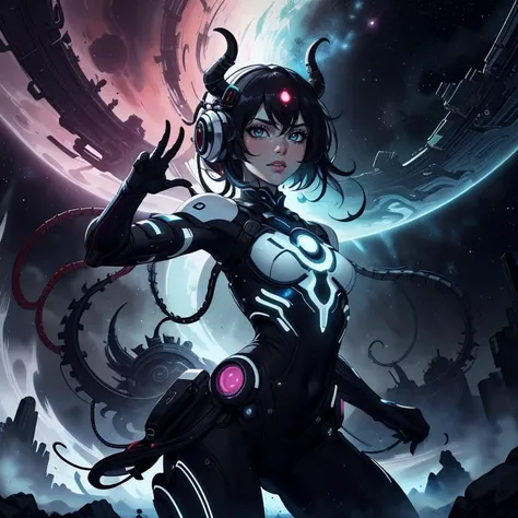 Female android wearing headphones、A little broken、1 female、Big Breasts、sexy、Moonlight、Unbuttoned、Downlight、full moon、In the rubble、In the ruined city、Butt、Beautiful buttocks、Plump、Sideboob、Half naked、Eyes glowing red、Flying through the sky using jets on his back and legs