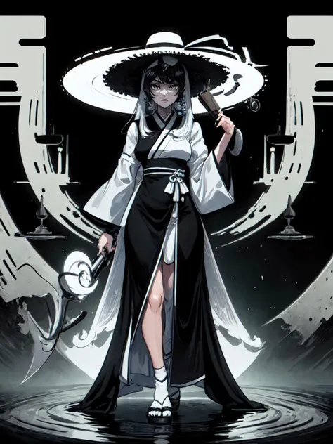 best quality,<lora:add_detail:0.25>, (1girl, solo, adult female, mature female), <lora:detailed_eyes:1>,
<lora:style_yinYangTech_(yinyangtech--flow--scifi):1>, yinyangtech, flow, scifi,
(black and white hair:1.2, two-tone hair:1.2),
yinyangtech monk, yinyangtech asian straw hat,