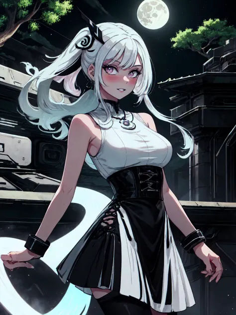 best quality,<lora:add_detail:0.25>, (1girl, solo, adult female, mature female), <lora:concept_goodHands:1>, <lora:detailed_eyes:1>,
<lora:style_yinYangTech_(yinyangtech--flow--scifi):1>, yinyangtech, flow, scifi,
[muscular, biceps], lithe body,
(black and white hair, two-tone hair, multicolored hair), quiff haircut, long hair, purple eyes, 
<lora:concept_costume_virginKillerOutfit_v10_(virgin killer outfit):0.8>, virgin killer outfit, long straight high-waist yinyangtech skirt, smile, light blush, scifi yinyangtech sleeveless metal shirt, glowing scifi yinyangtech necklace, shy pose, looking at viewer, parted lips, yinyangtech hair ornament, hand in hair, spiral patterns, outside, night time, moon, black and white yinyangtech trees, black and white yinyangtech flowers, windy,