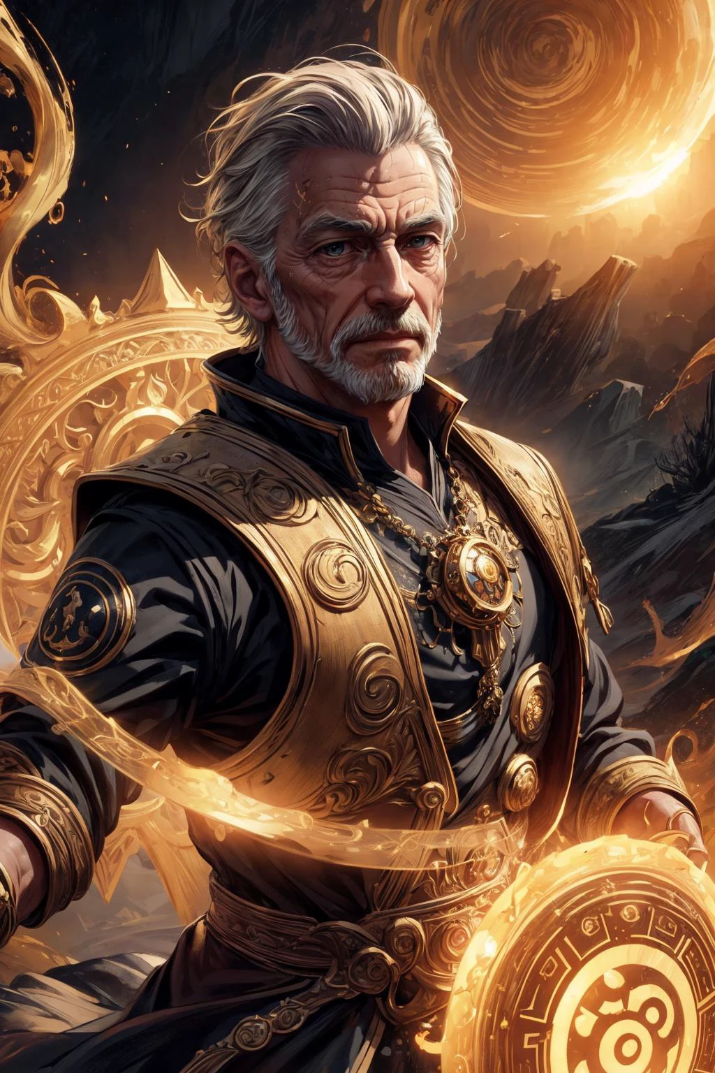 (masterpiece, best quality), game cg cinematic, <lora:add_detail:1>
(1man, wrinkled face, old male:1.2), hazel eyes, light blonde hair, textured crop,
portrait, solo, (full body:0.6), looking up, detailed background, detailed face, (<lora:YinYangTech:0.6>, yin, electric flow, yinyangtech theme:1.1), eyes blazing with the power of the sun, solar-mage, sun-touched, wearing elaborate yellow mage vest, gazing into the sun, solar amulet of the sun, dynamic pose, harnessing the sun, , sun worship, magical celestial runes, surrounded by, ethereal sun aura, sunset in background, solar reflections, light clouds, ethereal atmosphere,
