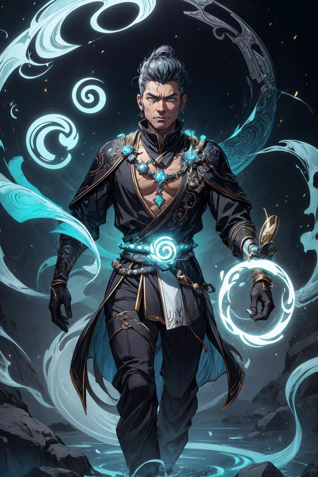 <lora:add_detail:0.5>, <lora:FZB_line_weights:0.4>, <lora:realistic:0.1>, <lora:sharpen-soften:-0.1>,
(1man, old male:1.2), turquoise eyes, gray hair, pompadour,
Style-GravityMagic, solo, (full body:0.6), detailed background, detailed face, (<lora:YinYangTech:0.6>, yin, yinyangtech theme:1.1), (glowing eyes:1.05), wise, black tribal markings, tribal elemental shaman, mystical, yellow feathered clothes, beads, amulet, headdress, floating particles, embers, rock formations in background, whirlwind, cinematic atmosphere,