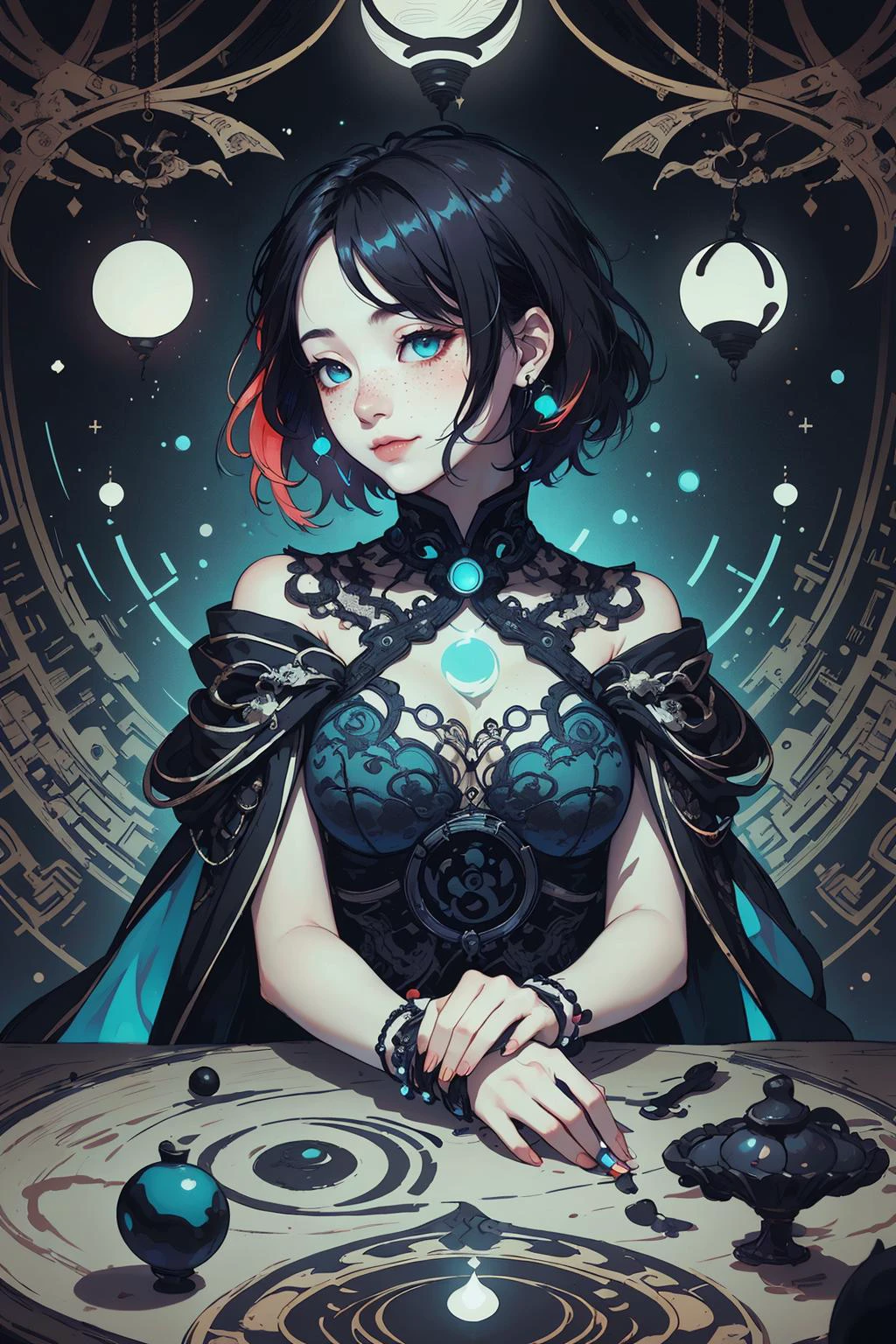 (intricate detail, beautiful:1.2), <lora:smol02:0.4>, <lora:Dreamwave v3:0.5>,
<lora:GoodHands-beta2:0.8>,
1 girl, adult woman, freckles, turquoise eyes, auburn short hair, ombre,
Style-GravityMagic, portrait, looking away, solo, from side, side view, upper body, detailed background, close up, glowing eyes, (<lora:YinYangTech:0.6>, yang, yinyangtech theme:1.1), fortune teller, charlatan, sinister smile, sitting at table, colorful loose gypsy fortune teller clothes, tarot cards, , colorful beads, scattered around, tent interior background, tent curtains in background, lanternlight, eerie occult atmosphere,