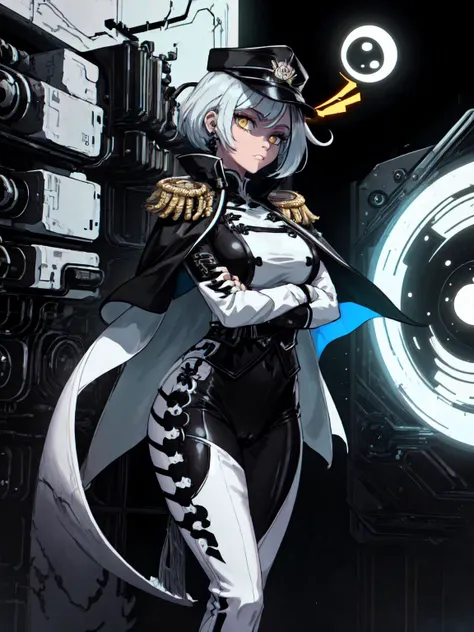 best quality,<lora:add_detail:0.25>, (1girl, solo, adult female, mature female), <lora:concept_goodHands:1>, <lora:detailed_eyes:1>,
<lora:style_yinYangTech_(yinyangtech--flow--scifi):1>, yinyangtech, flow, scifi,
(black and white hair:1.1, two-tone hair:1.2, multicolored hair:1.1), prom hairstyle, short hair, yellow eyes, 
[muscular, biceps], abs, leg muscles, thigh muscles, lithe body,
 <lora:concept_changeACharacter_AnimeOfficer_(OfficerA):0.7>, OfficerA, yinyangtech scifi military uniform, yinyangtech military hat, epaulettes, (tassels:1.1), cape, tight clothes, large breasts, pants, stern face, low angle, looking at viewer, crossed arms, cameltoe, (yinyangtech bacground, yin yang background, vertical symmetry:1.2)