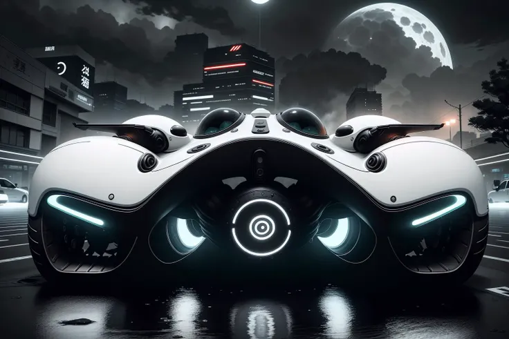 <lora:YinYangTech:1> yinyangtech , flow, scifi,sport car on road,in cyberpunk street city at night, neons, rain,fog,moon,detailed, intricate