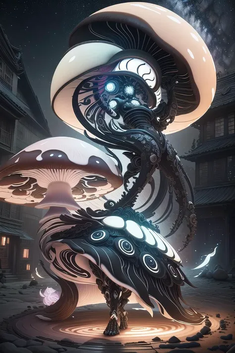 An award-winning digital image of a yinyangtech giant mushroom, stars, at night, colorful, medieval, city, (masterwork:1.2), (dynamic lighting:1.1), intricate details, hd, 8k, yang, colored skin, multicolored skin, white skin, multicolored hair, black skin, pale skin, tattoos<lora:morph_YinYangTech-20:0.744>