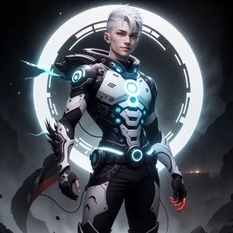 <lora:YinYangTech-20:0.8>,yinyangtech , scifi,
scholar , scroll, buzz cut, pale skin, glowing eyes, smile ,closed mouth, multicolored hair,red eyes, leaning , standing, 1boy, manly, cowboy shot,