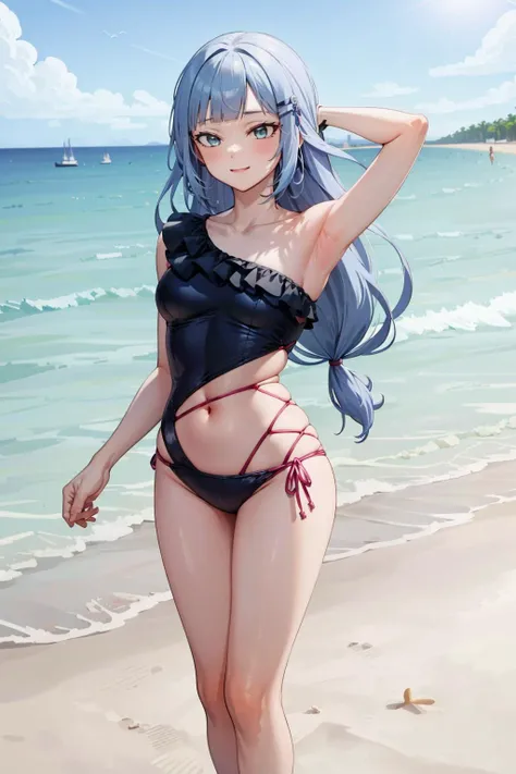 (Furina), 1 girl, blue eyes, blue hair, Topknot, Ahoge, hair over one eye, light blue hair, short fur, nails painted light blue, hat, black and transparent short panties, small transparent women's lingerie, (thighs muscular), muscular belly, big ass, thin waist, (big breasts), (((facing me with her hands on her pussy))), barefoot, (((full body photo))),Top hat, break looking at the viewer, (on the beach at night with starry sky and full moon), break (masterpiece: 1.2), best quality, very high resolution, Unity 8k wallpaper, (illustration: 0.8), (beautiful detailed eyes : 1.6), Extremely detailed face, perfect lighting, extremely detailed CG (perfect hands, perfect anatomy),