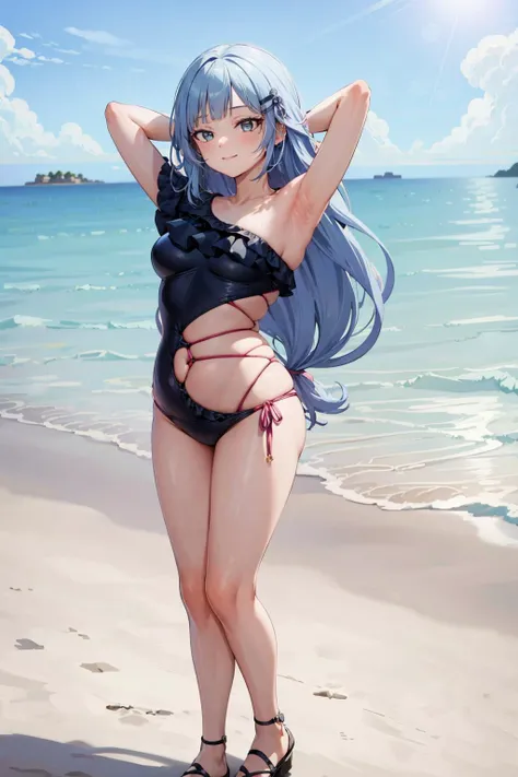 32k, best quality, ultra high res, HDR, UHD, extremely detailed CG, unity 32k wallpaper, highest quality, Intricate details, chromatic aberration, Chubby body type, One girl, Skimpy swimsuit, Blue swimsuit, Long Hair, Blue Hair, Smooth Hair, Blue Highlights, Hair on one eye, blue eyes, Confused eyes, Laughing happily, A beach with lots of people,