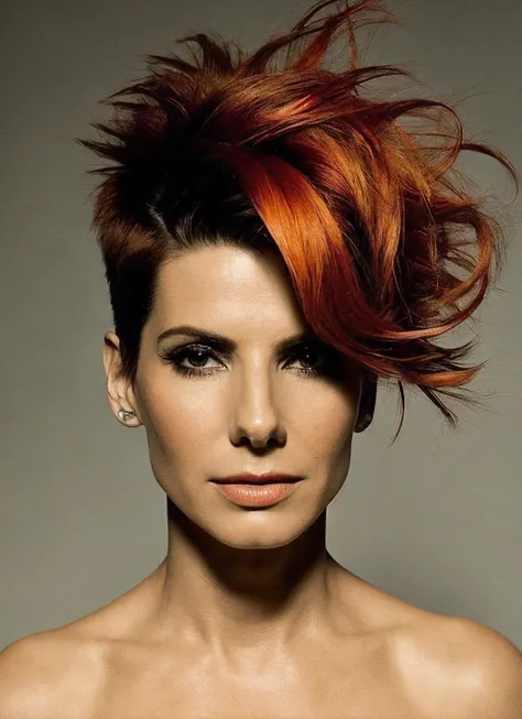portrait of sks woman by Flora Borsi, style by Flora Borsi, bold, bright colours, orange Mohawk haircut, ((Flora Borsi)), <lora:locon_sandra_v1_from_v1_64_32:1.3>