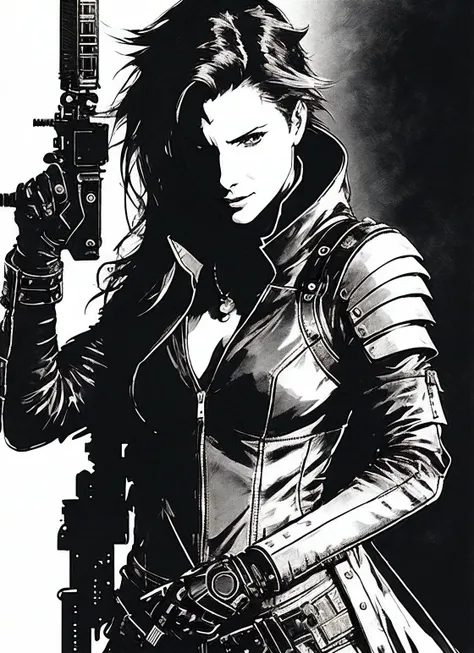 monster alien on the planet Sigourney Weaver she using a huge gun to kill alien, Bela arte de linha, black and white comic style, manga style, sexy manga art style, pencil and ink caricature drawing, black and white coloring,arte vector preto e branco