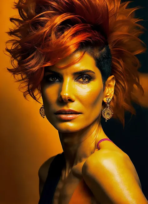 portrait of sks woman by Flora Borsi, style by Flora Borsi, bold, bright colours, orange Mohawk haircut, ((Flora Borsi)), <lora:locon_sandra_v1_from_v1_64_32:1.3>