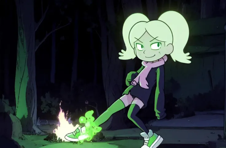 <lora:Marra SD1.5 V1-0:1> Marra, looking at viewer, smile, thighhighs, long sleeves, sweter, closed mouth, black eyes, floating, blonde hair, sneakers, indoors, bedroom, on back, black footwear, flat chest, black sweter, smug, pink thighhighs, glowing, glowing eyes, night, indoors, (casual outfit)