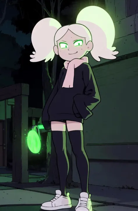 <lora:Marra SD1.5 V1-0:1> Marra, looking at viewer, smile, thighhighs, long sleeves, sweter, sleeves past wrists, sleeves past fingers, closed mouth, twintails, black eyes, floating, blonde hair, sneakers, indoors, bedroom, black footwear, flat chest, black sweter, smug, pink thighhighs, glowing, (green glowing eyes:1.1), (casual outfit) night, outdoors, woods, forest,
