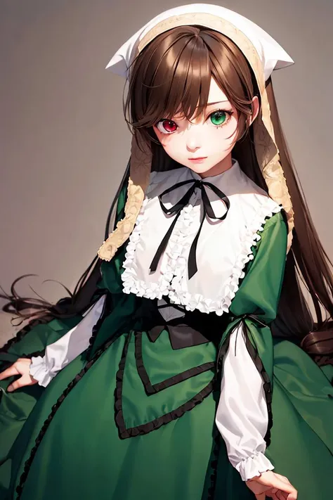 (masterpiece,best quality, detailed), 1girl, solo, suiseiseki, (heterochromia:1.35), red eyes, green eyes, twin drills, long hair, green dress, frills, neck ribbon, bonnet, white headwear, head scarf, brown footwear, <lora:SuiSP:1>, grey background, cowboy shot