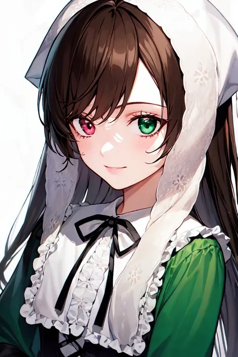 (masterpiece,best quality, detailed), 1girl, solo, suiseiseki, (heterochromia:1.2), twin drills, long hair, green dress, frills, neck ribbon, bonnet, white headwear, head scarf, <lora:SuiSP:1>, simple background, white background, upper body, looking at viewer, light smile