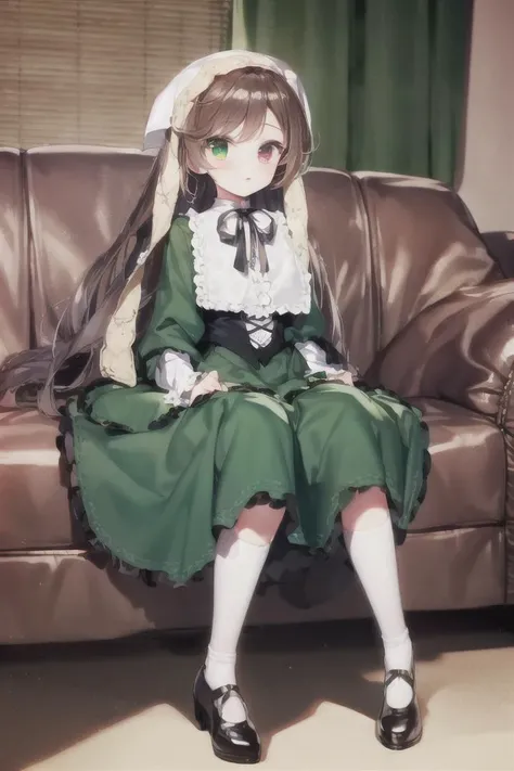 (masterpiece,best quality, detailed), 1girl, solo, suiseiseki, (heterochromia:1.2), twin drills, long hair, green dress, frills, neck ribbon, bonnet, white headwear, head scarf, brown footwear, looking at viewer, <lora:SuiSP:1>, concept_yjsnpi_interview, shutter, couch, on couch, green shutter, grey sofa, <lora:concept_yjsnpi_interview:1.225>