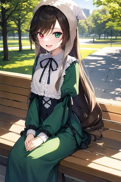 (masterpiece,best quality, detailed), 1girl, solo, suiseiseki, (heterochromia:1.35), red eyes, green eyes, twin drills, long hair, green dress, frills, neck ribbon, bonnet, white headwear, head scarf, <lora:SuiSP:1>, sitting, sitting on bench, hands on own hips, looking at viewer, smile, open mouth, outside, park, tree, day