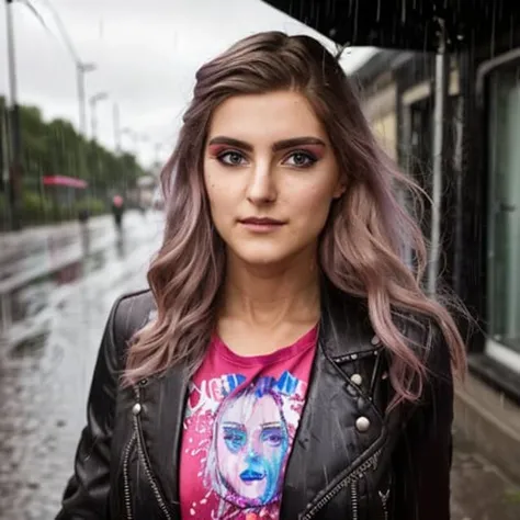 <lora:eva_elfie:0.8>, a photo chest portrait female leather jacket on street raining, raibow color hair, detailed face look at camera, smirk, (smile:0.5), raw, intricate, high quality, 8K, (natural skin texture, hyperrealism, soft light, sharp:1.2)