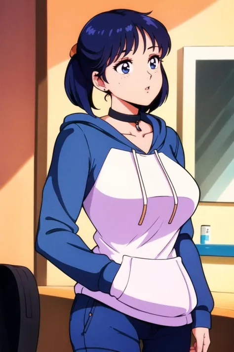 girl, (hotify,digital art,fit,hot body,instagram:1.2), (abstract:1.4), (Interior,Isekai Background:1.4),Hourglass Body,Huge Breasts,(Leaning Forward),Very Short Hair,Pigtails,(auburn Hoodie,indigo Straight Pants:1.3),azur lane,Ribbon Choker ,(masterpiece,detailed,highres:1.4) <lora:90s_iron:0.7>