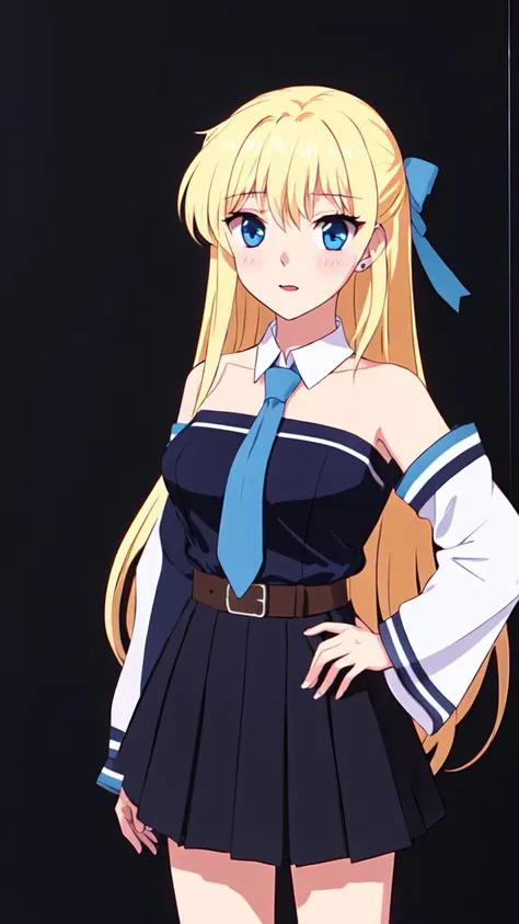 masterpiece, best quality,
<lora:heronever_astel.sd15.v1:0.55>
astel,1girl,solo, blond hair, long hair, blue eyes (stdoutfit) black shirt black kneehighsbreak white skirt white beltblue necktie bare shoulders blush embarrassed detached sleeves blue sleeves standing, (simple background, black background),
<lora:90s_steel:0.6> (1990s, 90s),