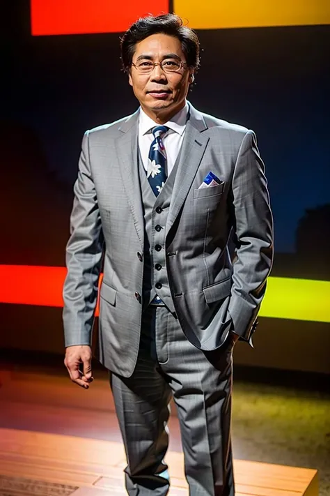 best quality, ultra high res, (photorealistic:1.4),(Grey suit:1.2),masterpiece, blurry background,1boy,standing ,(looking at viewer), <lora:xiaolin:0.8>