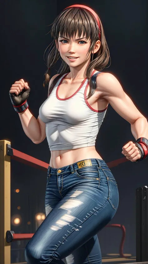 wmma, fingerless gloves, woman, midriff, toned, stage lights, fence, <lora:wmma-fC-v1:1>, muscular, arms raised, toned, bodybuilder, vivid hair, oversized sweater, huge breasts, outdoors, light rays, god rays, tiny shorts, small shorts, realistic, thick thighs, strong arms