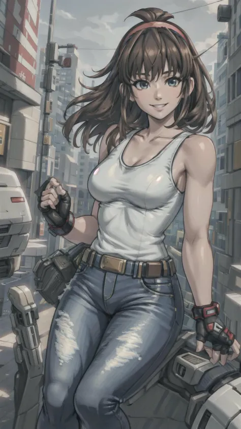 (((Hitomi, ))), long brown hair, jeans, white tank top, hairband, fingerless gloves, smile, looking at viewer, thick thighs, city, Dead or Alive,  BREAK,
masterpiece, best quality, hyperrealistic, extremely detailed, highly quality, 4k, sharp focus, professional photograph, sharp focus, award winning, cinematic lighting, octane render, unreal engine, volumetrics dtx, Wallpaper, <lora:GoodHands-vanilla:0.6>, <lora:hitomi:0.5>