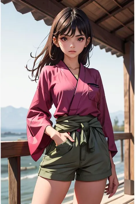 (masterpiece, best quality), 1girl, Magenta Classic Taper Cut with Side Part, small breasts, Khaki V-neck kimono-style blouse with a belted waist. and Denim cargo shorts with utility pockets, leg warmers, Standing with one hand on the waist, looking sideways,  <lora:saitom_style_v05.23:1>