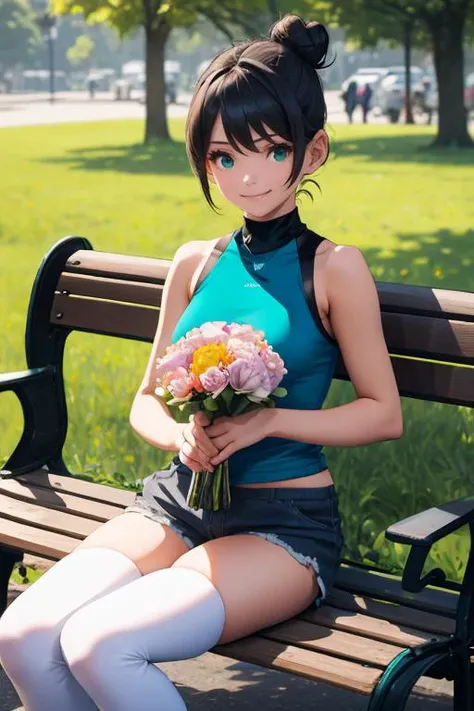 (masterpiece, best quality), 1girl, Blue-Black Messy Double Buns, flat chest, Teal blue High-neck sleeveless tank top with a flowy silhouette. and Paperbag shorts, thighhighs, Sitting on a park bench, holding a bouquet of flowers, with a smile of joy and gratitude.,  <lora:saitom_style_v05.23:1>