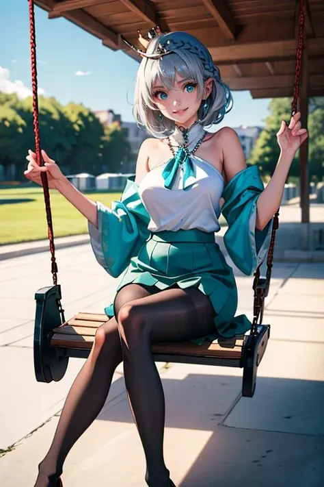 (masterpiece, best quality), 1girl, Turquoise Fishtail Crown Braid with Gem Pins, big breasts, Ash gray Puff-sleeve blouse and High-low skirt, pantyhose, Sitting on a swing with a smile.,  <lora:saitom_style_v05.23:1>