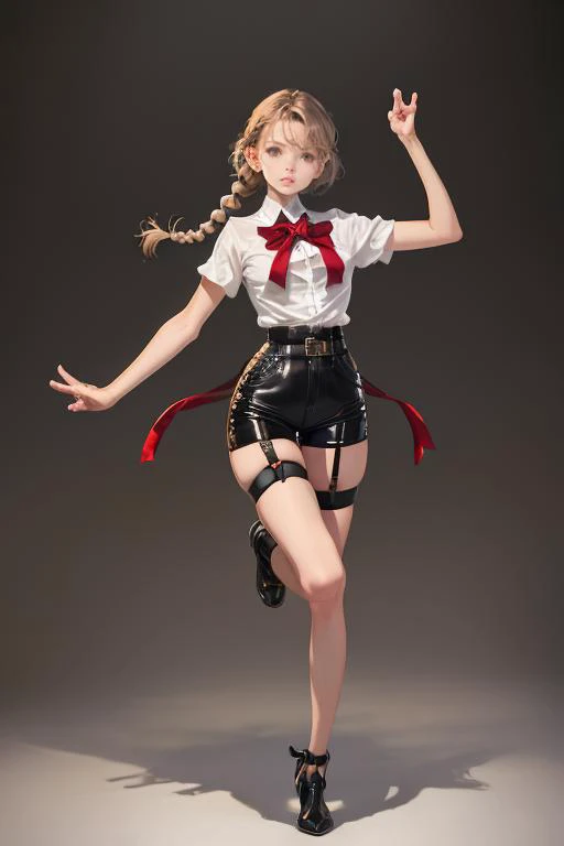 (masterpiece, best quality), 1girl, Bittersweet Dutch Braids, tiny breasts, Raspberry Collared button-up blouse with a tied bow detail. and Faux leather biker shorts with a high waist, garter belt, Balancing on one foot with arms outstretched.,  <lora:saitom_style_v05.23:1>