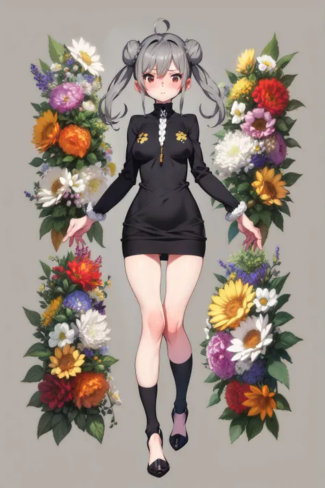 full body, solo, 1girl, looking at viewer, serious, blush, medium breasts, triple bun, dark grey hair, god rays, Spider_Mums \(flower\), floral background <lora:saitom_style_v07Unet:1>