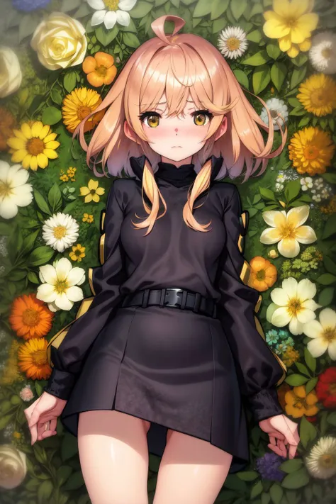 cowboy shot, solo, 1girl, cyborg, looking at viewer, despair, blush, medium breasts, ahoge, yellow hair, god rays, Boxwood_African \(flower\), floral background <lora:saitom_style_v07Unet:1>