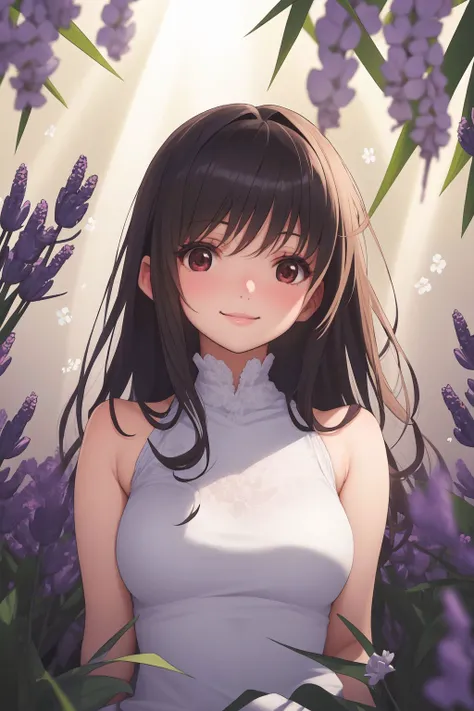 portrait, solo, 1girl, looking up, smile, blush, medium breasts, god rays, Sea_lavender \(flower\), floral background <lora:saitom_style_v05.23:1>