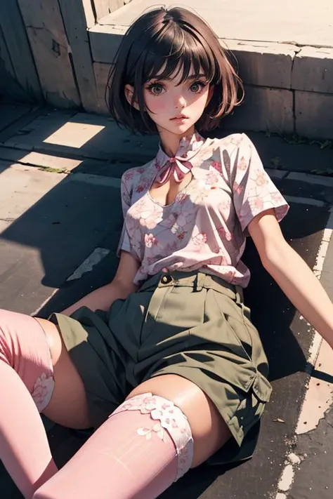 (masterpiece, best quality), 1girl, Light pink Textured Crew Cut, Sizes I to L breasts, Taupe Keyhole neck blouse with a delicate floral print. and Cargo shorts, legwear garter, Resting on one elbow while lying down,  <lora:saitom_style_v05.23:1>