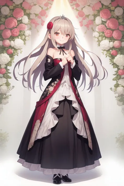 full body, solo, 1girl, looking up, smile, blush, flat chest, god rays, Rose_Diadem \(flower\), floral background <lora:saitom_style_v05.23:1>
